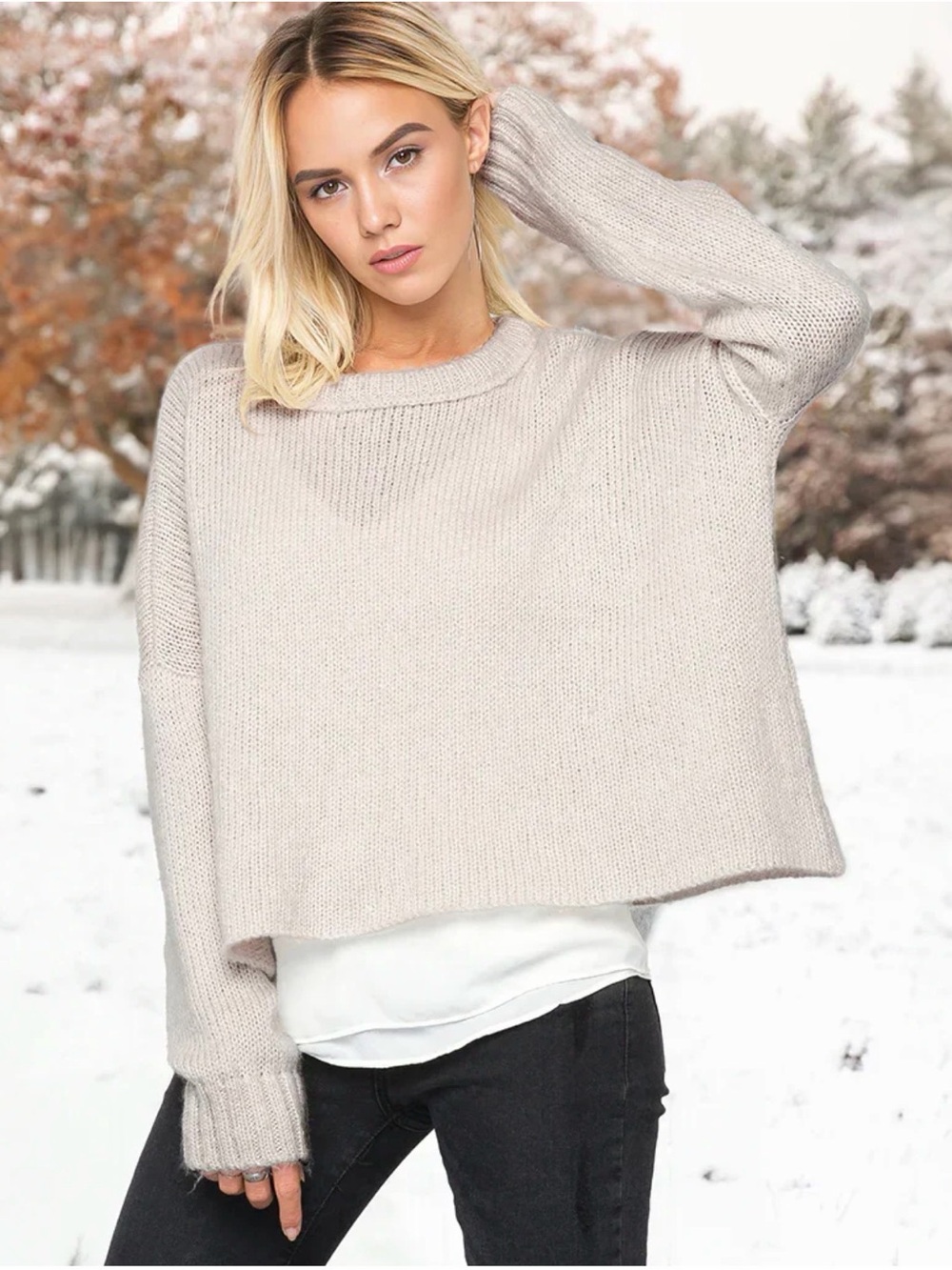 Wooden Ships Theo Cropped Boyfriend Crew Chunky Sweater S/M Ivory Mohair Wool